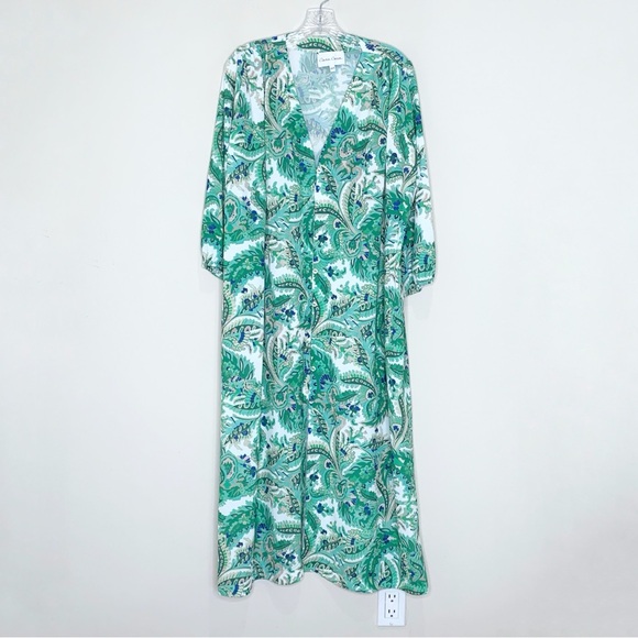 Cara Cara Paris Midi Dress (Sz XS/S) Long Sleeve Tie Waist Scroll Paisley Green